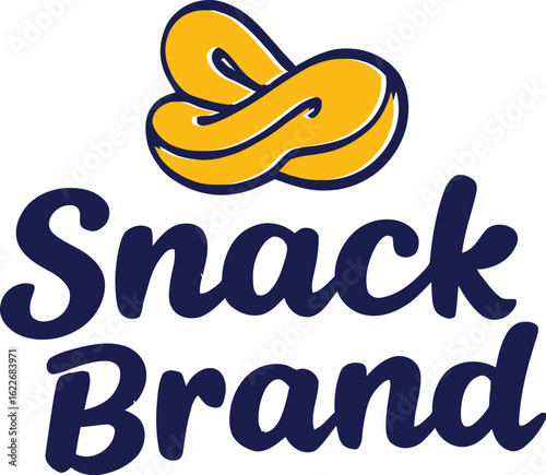 Snack Brand Logo – Yellow Pretzel Icon with Bold Cursive Typography in Dark Blue for Tasty Food Branding