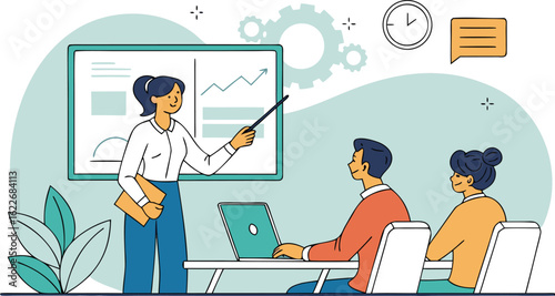 Business Presentation: A graphic illustration shows a dynamic presentation scene, where a presenter passionately delivers a presentation to a focused audience in a bright and modern environment.