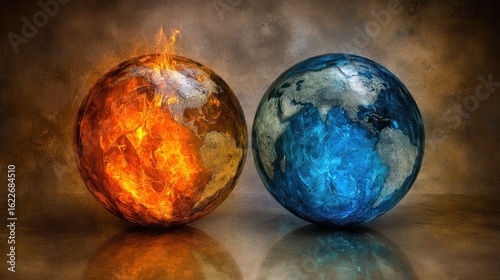 Two globes, one burning, one frozen, symbolizing climate change