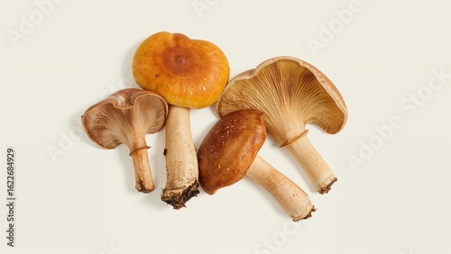 Assortment of russula mushrooms presented against a white background