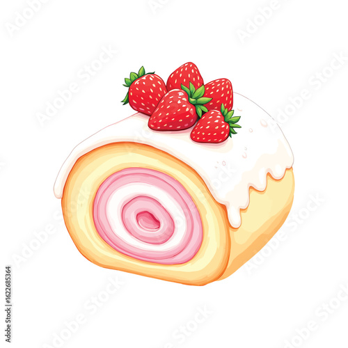 Swiss Roll Cake with Yellow Sponge, Pink Swirl Filling, White Icing, and Fresh Strawberry Garnish – Dessert Art