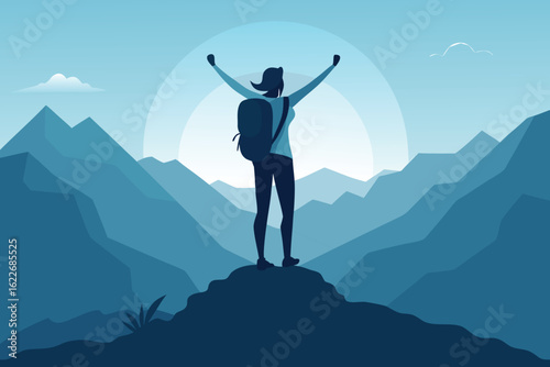 Silhouette of Woman Hiker with Backpack Celebrating on Mountain Peak Against Blue Landscape