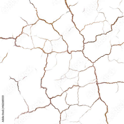 Cracked surface texture with detailed brown and orange fissures on transparency background, showing natural and subtle patterns of broken material with rough edges and irregular shapes