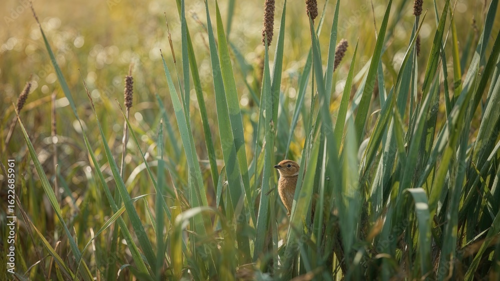 Fototapeta premium Wildlife snapshot of a bird blending into bulrushes, colorful natural environment in spring and summer