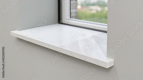 White conglomerate window sill newly placed indoors on a gray wall surface.