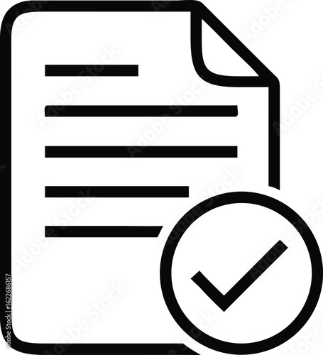 Verified Document Illustration: A minimalist graphic of a document with a check mark, suitable for concepts of approval, confirmation, and agreement.