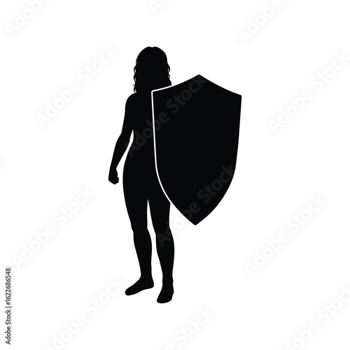 Woman holding large shield, silhouette of female strength, protection, and defense concept