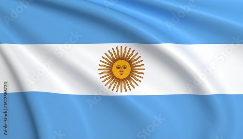 Argentine flag with three horizontal bands of light blue, white, and light blue, featuring a centered yellow Sun of May with a face, symbolizing independence and national pride