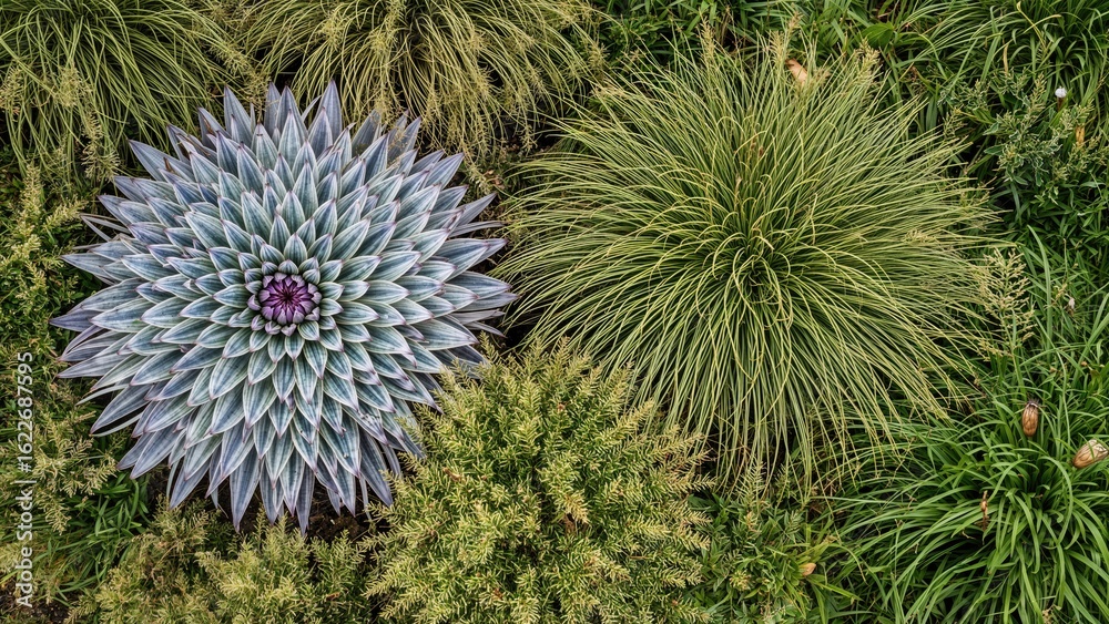 Fototapeta premium Top-down aerial view of a lush prairie flower bed with blue, purple, and yellow ornamental grasses