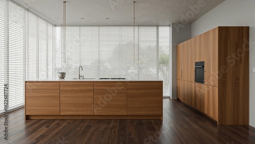 Stylish kitchen area showcasing wooden furnishings and broad window with blinds