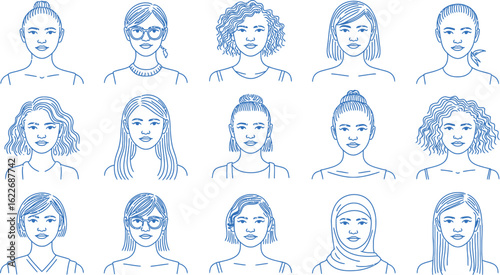 Set of diverse women portraits with neutral expressions. Collection of female avatars in a blue sketch style. Includes various hairstyles, glasses, and a hijab. Line art character icons.
