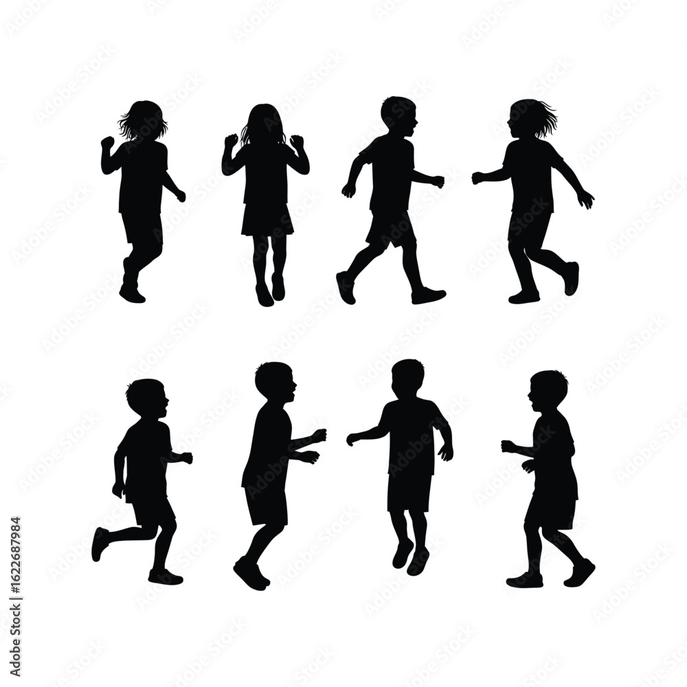 Obraz premium Group of diverse children silhouette vector. Boys and girls playing, running, jumping, childhood, and happiness.