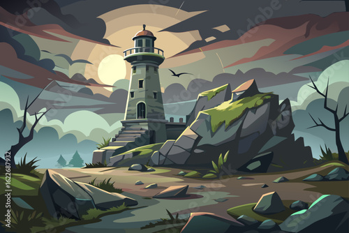 A historic European lighthouse stands alone on a rugged coast under a dramatic sunset sky