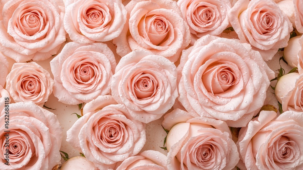 Cluster of soft pink roses adorned with water droplets, festive backdrop, special occasion greeting card with blank space Cluster of soft pink roses adorned with water droplets, festive backdrop, special occasion greeting card with blank space