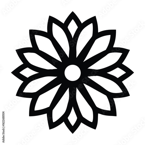Black and white geometric flower icon, a stylized floral mandala silhouette.