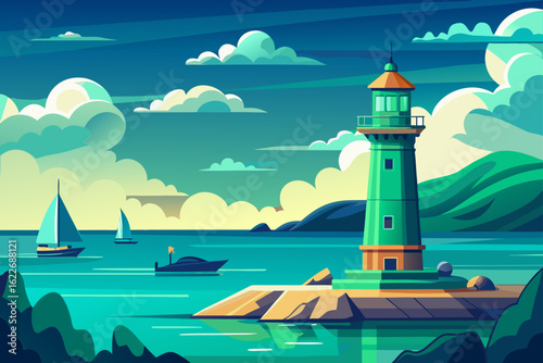 A beacon of white architecture stands tall on an island, guiding ships across the vast, coastal seascape under the open sky