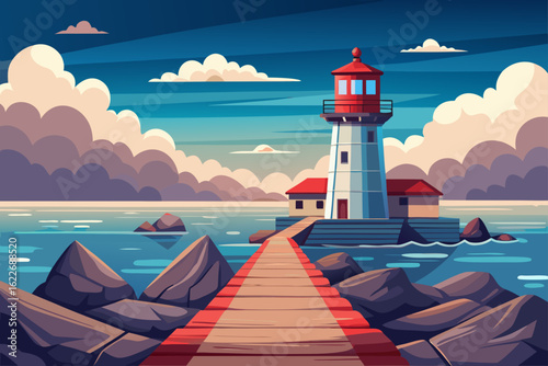 A solitary white lighthouse stands as a beacon of safety on a red coastline, its light cutting through the twilight sky over the tranquil ocean