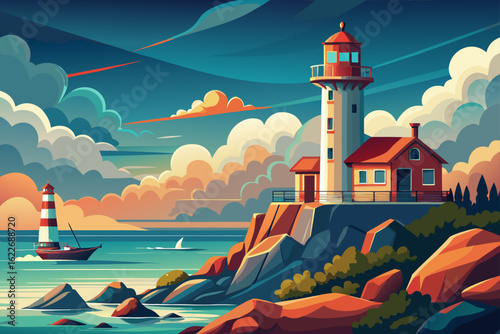 A classic white lighthouse stands on a rocky Maine coastline against a sunset sky