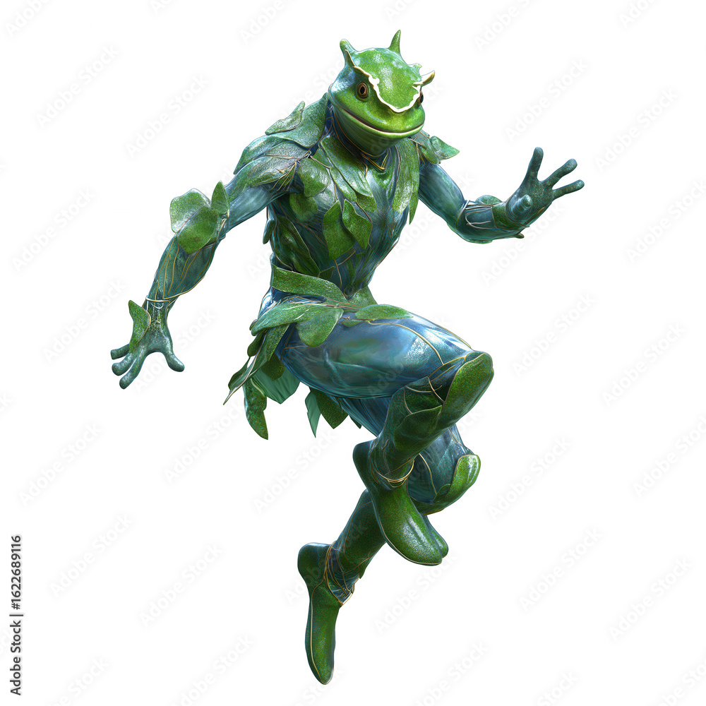 Fototapeta premium Frog humanoid character in green leaf armor jumping dynamically with confident pose, blending nature and fantasy elements in vibrant design
