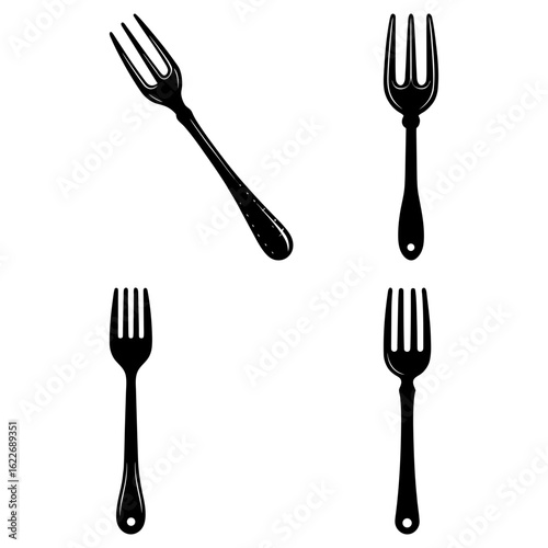 Four forks in black and white showing different angles and positions on a plain white background view image