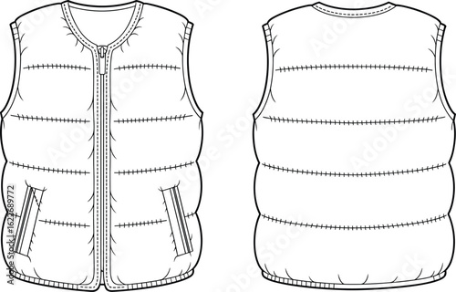 Front and back technical flat sketch, fashion puffer vest, CAD drawing, vector illustration, outerwear design, sewing template