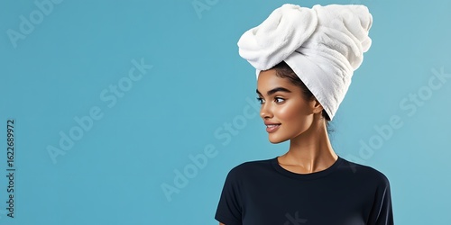 Wallpaper Mural Beautiful Woman with Towel Turban on Head, Profile View, Blue Background Torontodigital.ca