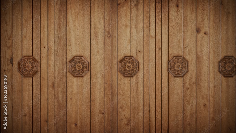 Fototapeta premium Ancient wooden wall featuring hexagonal carved designs on cedar panels