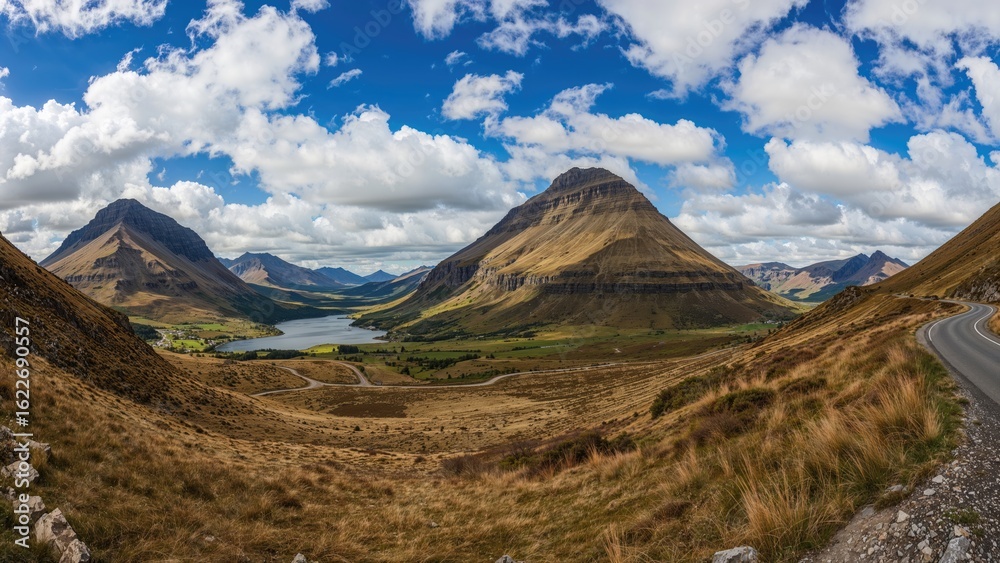 Fototapeta premium Panoramic vista of a scenic valley and its access road featuring prominent mountain peaks