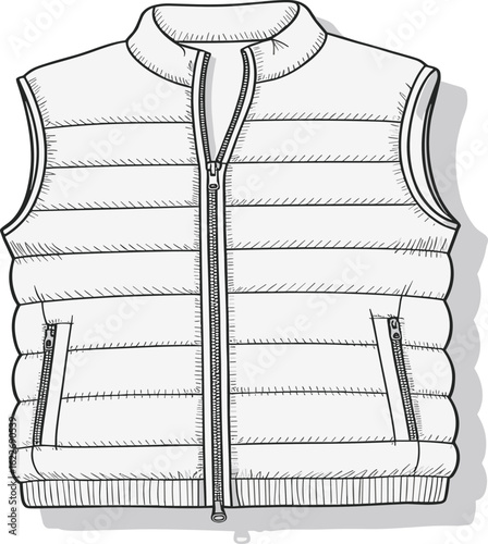 Stylish sleeveless puffer vest, detailed CAD drawing, flat vector illustration, zipper closure, winter apparel, outerwear fashion, garment sketch