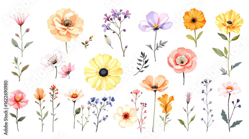 Spring Floral Garden with Colorful Flowers and Butterflies