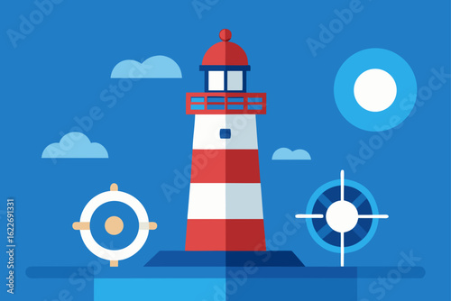 Red and white lighthouse tower on a rocky coastline against a clear blue sky, casting a guiding light across the sea