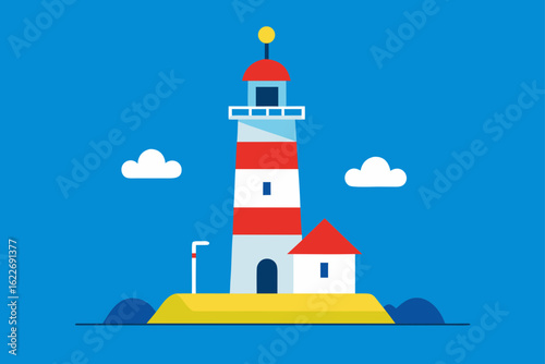 A classic white lighthouse stands as a beacon on a rocky coastline, with the sea and a dramatic sky in the background