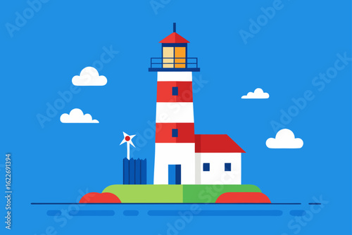 A white lighthouse stands on a rugged coast, a navigation beacon under a clear blue sky