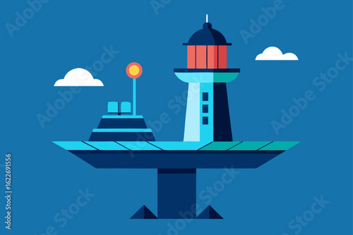 A tall white lighthouse stands on the coast, its beacon shining across the blue sea and summer sky
