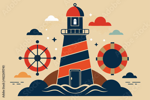 A towering red and white lighthouse stands on a rocky coast, its beacon shining across the stormy sea to guide a ship through the dark sky