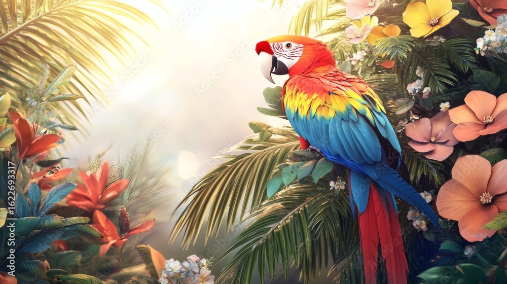 Obraz premium Vibrant parrot amidst a tropical floral arrangement.