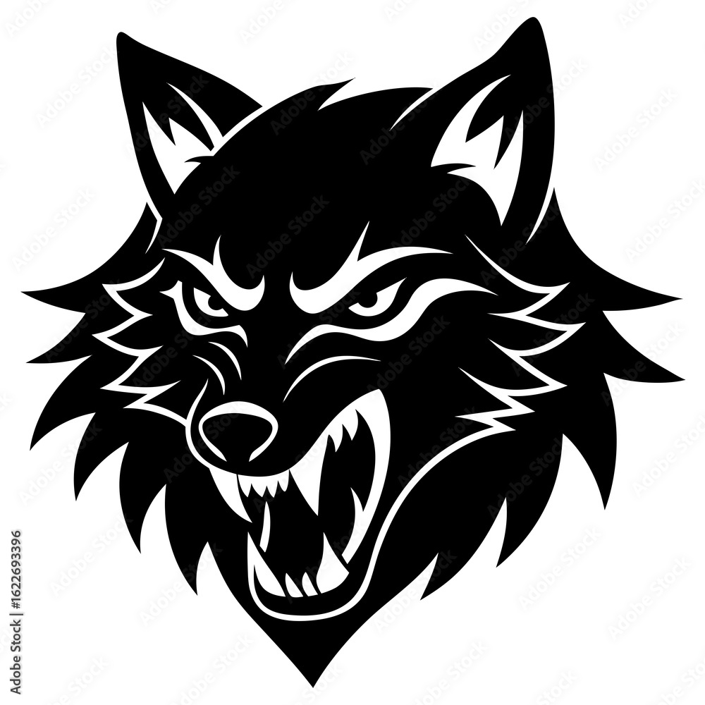 Fototapeta premium Ferocious wolf head snarling with sharp teeth isolated on white background