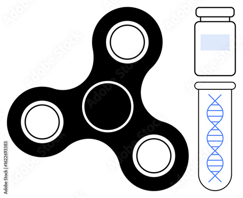 Fidget spinner alongside a test tube with genetic DNA strand, blending focus and science. Ideal for innovation, genetics, biotechnology, focus, education, creativity and productivity concepts. A