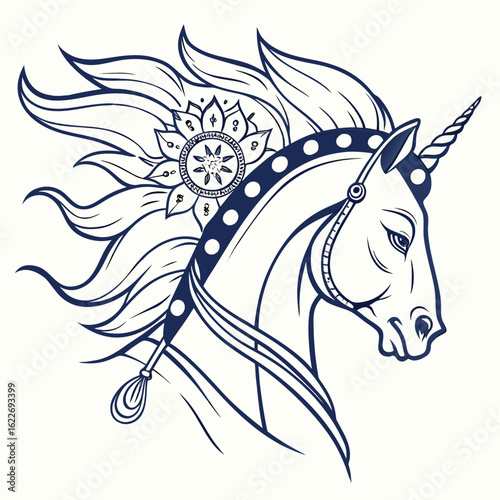 Elegant unicorn head with floral decoration isolated on white background