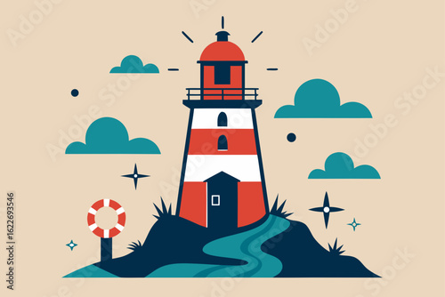 A white lighthouse stands on a rocky island, a guiding beacon overlooking the vast ocean and coastline under a bright sky