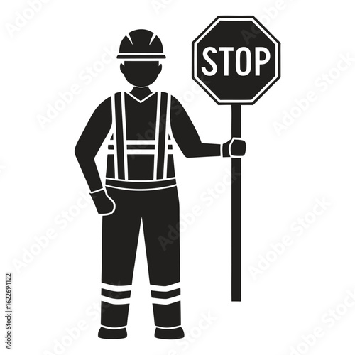 Solid Black Silhouette of a Road Worker Holding a STOP Sign – Standing Pose Flat Vector on White Background