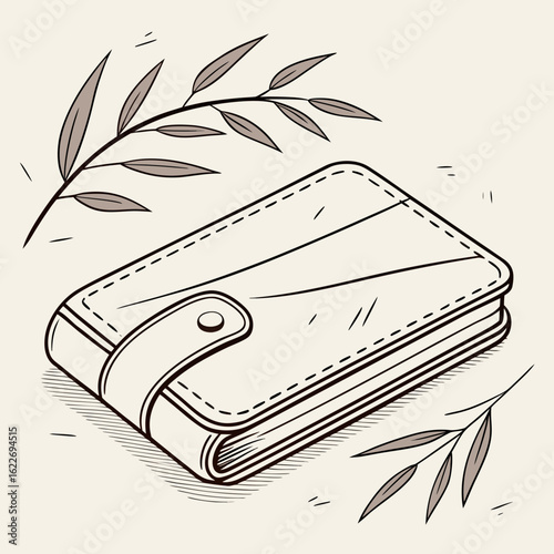 Vintage leather wallet with botanical branch on beige background