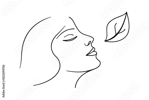 Minimalist line art profile a woman smelling a leaf on a face nature