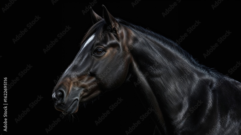 Fototapeta premium Black horse face captured with a dark background