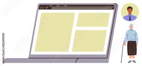 Open laptop displaying a grid layout interface with profile pictures of diverse individuals, representing online connection. Ideal for technology, communication, diversity, generational bridge