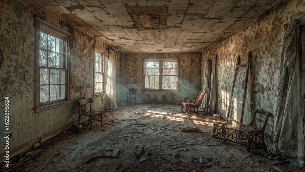 Inside an aged deserted home with natural lighting Inside an aged deserted home with natural lighting
