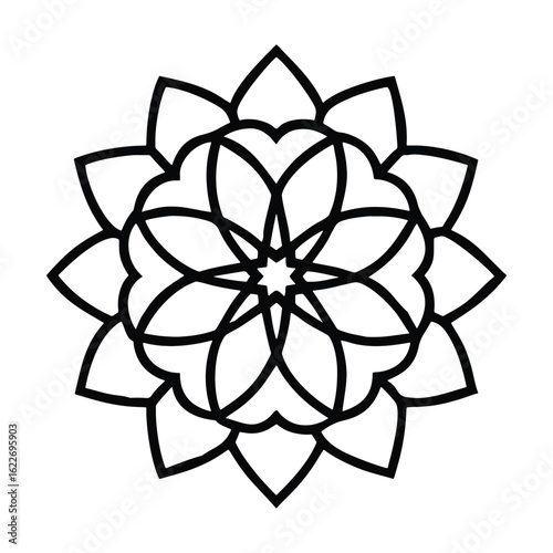 Symmetrical floral mandala with geometric shapes, line art icon
