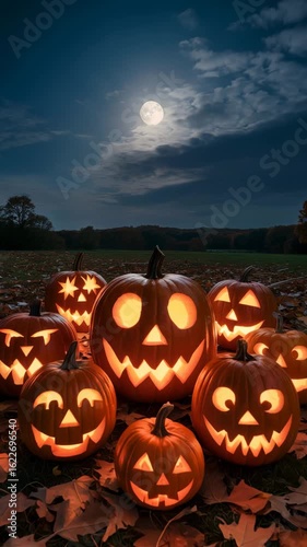 Glowing carved pumpkins under a full moon perfect for halloween holiday season