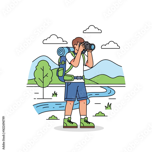 Flat vector illustration of a person taking photos of nature during a summer hike, with a camera and backpack, isolated on white background