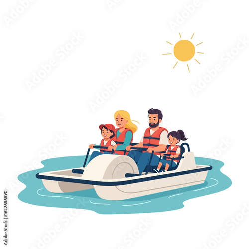 Flat vector illustration of a family riding a pedal boat on a lake during summer, smiling and enjoying the sunshine, isolated on white